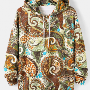 Mens Paisley Print Long Sleeve Drawstring Hoodie With Pocket discountshub