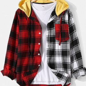 Mens Plaid Patchwork Cotton Button Designer Hooded Shirt With Pocket discountshub