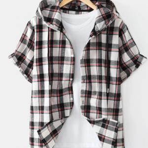 Mens Plaid Print Short Sleeve Casual Button Curved Hem Hooded Shirt discountshub