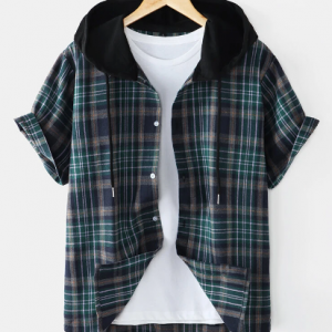 Mens Plaid Print Vintage Button Drawstring Hooded Casual Short Sleeve Shirt discountshub
