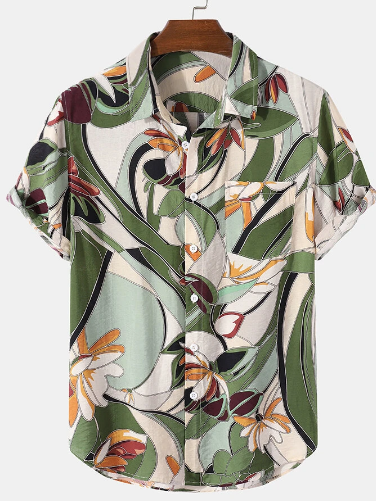 Mens Plants Floral Holiday Print Lapel Short Sleeve Casual Shirt discountshub