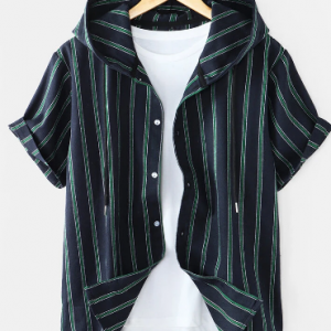 Mens Vertical Stripes Print Button Casual Short Sleeve Hooded Shirt discountshub