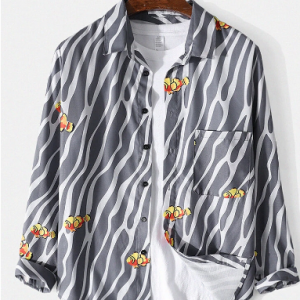 Mens Zebra Pattern Wavy Stripes Print Designer Chest Pocket Lapel Shirt discountshub