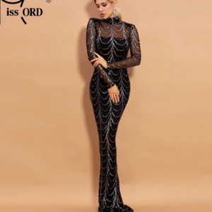 Missord 2021 Autumn Winter High Neck Wave Sequins See Though Women Maxi Dresses Elegant Long Sleeve Female Party Dresses M0032 discountshub