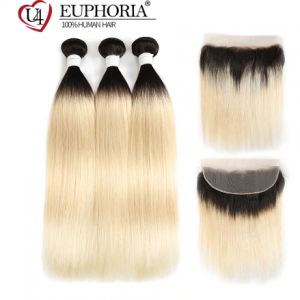 Ombre Blonde Straight Bundles With Frontal Honey 1B 613 Brazilian Remy Human Hair 3 Bundles With Lace Closure Frontal EUPHORIA discountshub