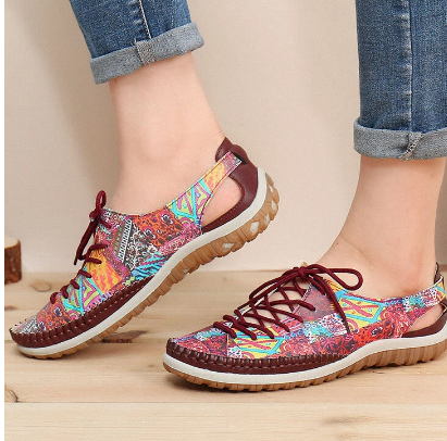 SOCOFY Printing Pattern Splicing Stitching Lace Up Soft Flat Shoes discountshub
