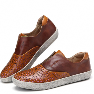 SOCOFY Retro Leather Cutout Splicing Stitching Slip On Flat Sneakers discountshub