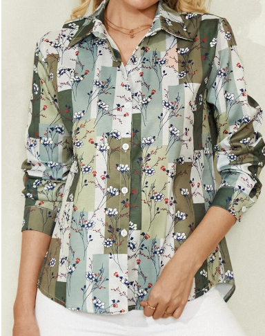 Women Plaid Calico Print Button Lapel Long Sleeve Casual Shirt discountshub