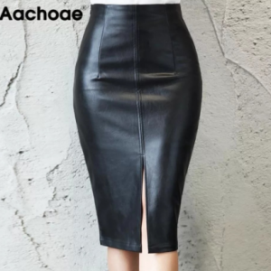 Aachoae Black PU Leather Skirt Women 2020 New Midi Sexy High Waist Bodycon Split Skirt Office Pencil Skirt Knee Length Plus Size discountshub