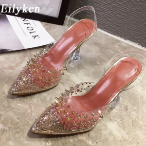 Eilyken 2021 New Gold Silver PVC Transparent Rivet Diamond Pumps Sandals Perspex Heel Pointed Toe Crystal Silver Wedding Pumps discountshub