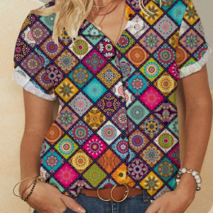 Ethnic Print Lapel Short Sleeve Plus Size Vintage Shirt for Women discountshub