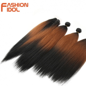 FASHION IDOL 18-22 Inch Yaki Straight Hair Bundles 6 Inch Lace Front With Closure Weave Hair Ombre Brown Golden Hair Extension discountshub