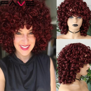 FAVE Afro Kinky Curly Wig With Bangs Black Red Synthetic Hair Shoulder LengthHeat Resistant Fiber For Africa America Black Women discountshub