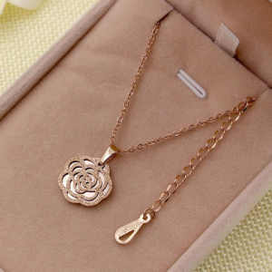 Famous Brand Stainless Steel Rose Gold Color Hollow Camellia Flower Pendant Necklace Sweater Chain For Women Gift discountshub