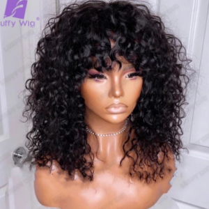 Glueless Curly Full Machine Made Scalp Top Wig With Bangs 180 Density Remy Brazilian Curly Human Hair Wigs For Women Luffywig discountshub