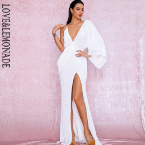 LOVE&LEMONADE Sexy White V-Neck Single Sleeve Sequins Split Party Maxi Dress LM81848 discountshub