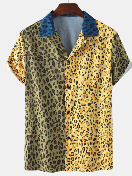 Men Fun Bicolor Leopard Patchwork Holiday Casual Shirt discountshub