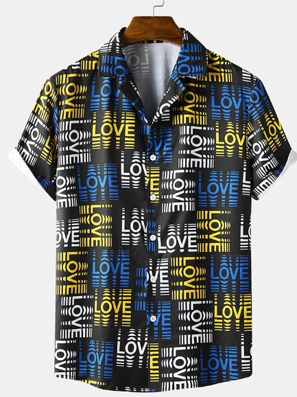 Mens Abstract Love Print Button Up Lapel Short Sleeve Street Shirts discountshub