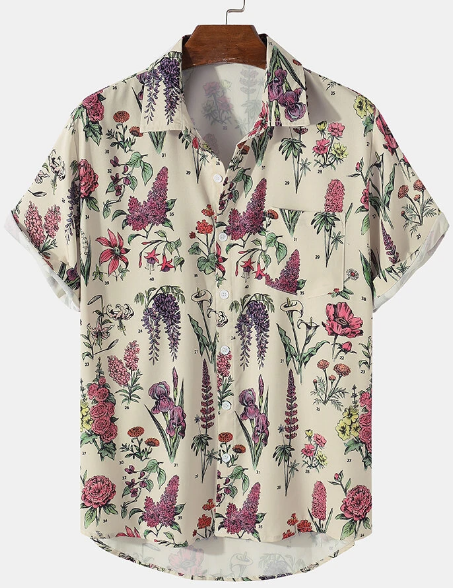 Mens All Over Floral Plant Print Lapel Holiday Short Sleeve Shirts With Pocket discountshub