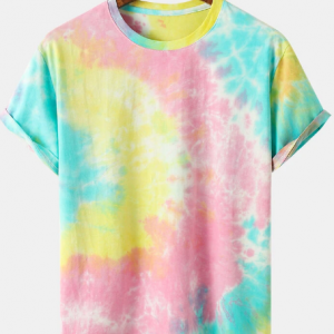 Mens Colorful Tie Dye Round Neck Street Cotton Short Sleeve T-Shirts discountshub