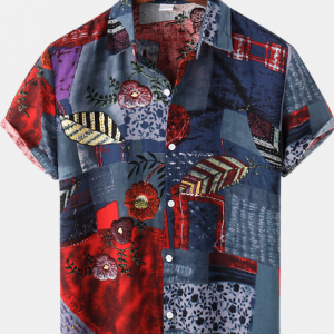 Mens Floral Pattern Colorblock Short Sleeve Vintage Shirt discountshub