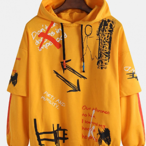 Mens Funny Cartoon Slogan Double Sleeve Drawstring Hoodies discountshub