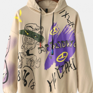 Mens Funny Graffiti Cartoon Line Drawing Slogan Drawstring Hoodies discountshub