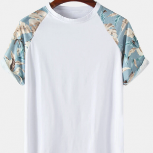 Mens Leaves Print Raglan Sleeves Plain Short Sleeve Street T-Shirt discountshub