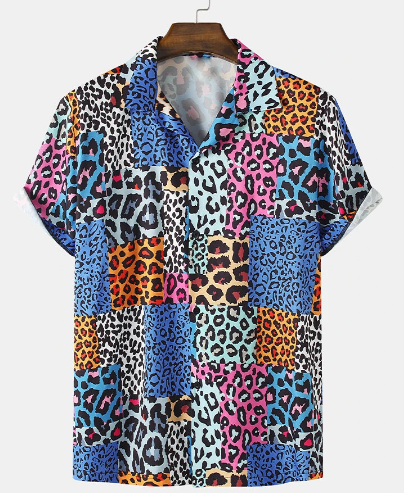 Mens Mixed Leopard Print Revere Collar Short Sleeve Shirt discountshub