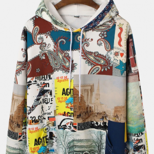 Mens Paisley Print Colorblock Painting Pattern Pocket Hoodie discountshub