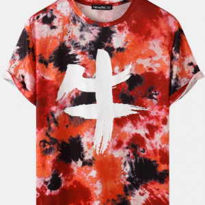 Mens Tie Dye Chinese Character Graffiti Print Street Short Sleeve T-Shirts discountshub