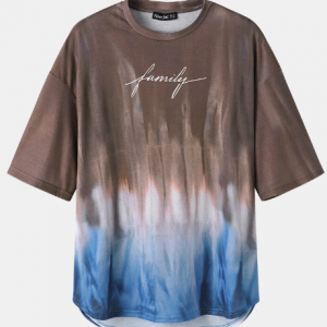 Mens Tie Dye Script Print Drop Shoulder Loose Short Sleeve T-Shirts discountshub