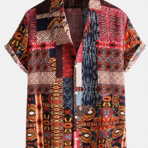 Mens Tribal Graphics Short Sleeve Vintage Lapel Shirt discountshub