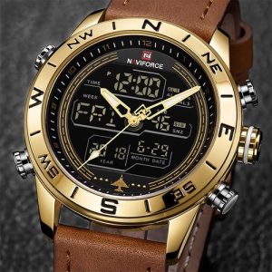 Naviforce Gold Men Sport Analog Digital Military Leather Quartz Watch discountshub
