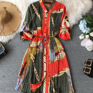 Spring Ladies Urban Chiffon Loose Printed Pleated Dress Women Fashion Festival Three Quarter Lantern Sleeves Knee-length Dress discountshub