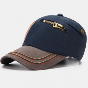 Unisex Contrast Color Patch Zipper Decor Vintage Fashion Sunshade Baseball Hat discountshub