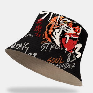 Unisex Cotton Fashion Cool Tiger Letters Print Outdoor Sunshade Ring Decor Bucket Hat discountshub