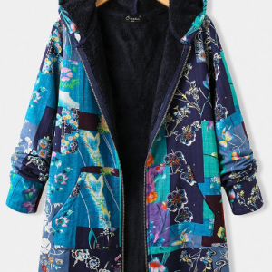 Vintage Floral Print Fleece Plus Size Hooded Coat with Pockets discountshub