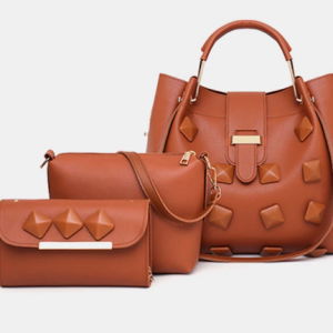 Women PU Leather Satchel Handbags Shoulder Hobo Tote Bag 3 PCS Pearls Rivet Bucket Bag discountshub