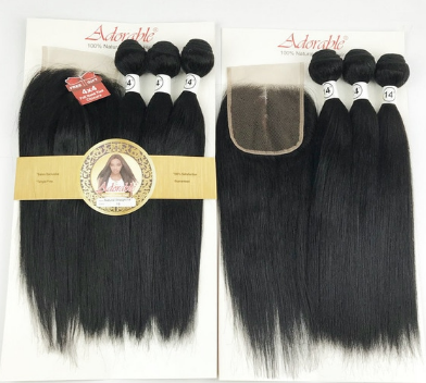 Adorable Natural Human Hair Blend 3+1,Animal Mixed Synthetic Hair Bundles  with 4*4 Lace Closure Silk Straight Packet Hair Weave - Discountshub