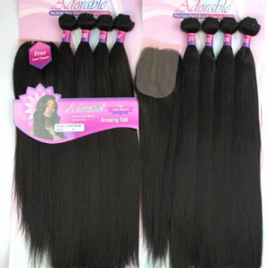 Adorable Yaki Straight Heat Resistant Fiber Natural Color Soft Synthetic Packet Hair Amazing Yaki 4pcs With Free Machine Closure discountshub