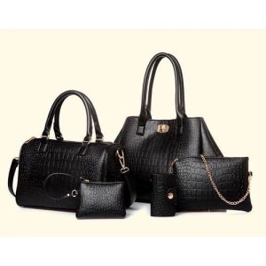 Deluxe 5 Set Women's Pu Leather Shoulder Handbag - Black discountshub
