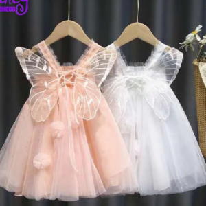 Fancy Childhood Pink White Sleeveless Tulle Butterfly Toddler Girl Party Dresses Elegant Summer Cute Clothes for Baby Girl discountshub