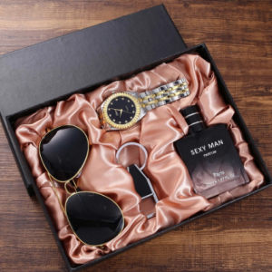 Fashion Trend All-match Gift Set Glasses + Steel Band Quartz Watch + perfume bottle + Keychain (4pcs/set) discountshub