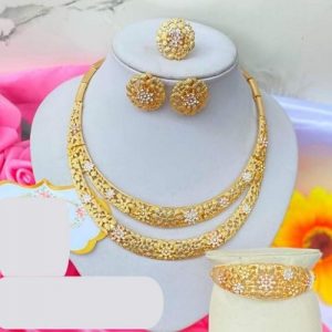 Gold/Silver Plated Shinning Wide Necklace Crystal Jewelry Sets Necklace Earrings Bracelet Ring discountshub