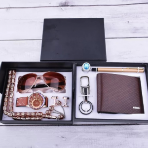 Men Luxury Gift Set Fashion Man Quartz Watch Rosary Bracelet Leather Wallet Cufflinks Sunglasses Signing pen Keychain for Mens discountshub