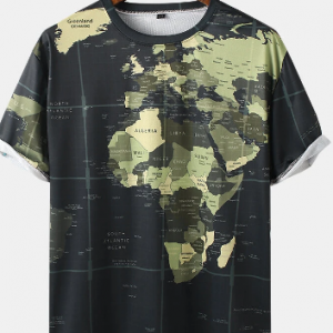 Mens All Over World Map Print Loose Street Short Sleeve T-Shirts discountshub