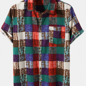 Mens Colorful Check Plaid Print 100% Cotton Short Sleeve Shirts discountshub