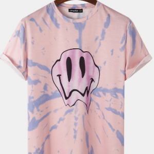Mens Funny Smile Pattern Tie Dye Short Sleeve Street T-Shirt discountshub