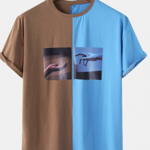 Mens Hand Graphics Two Tone Patchwork Loose Short Sleeve T-Shirts discountshub